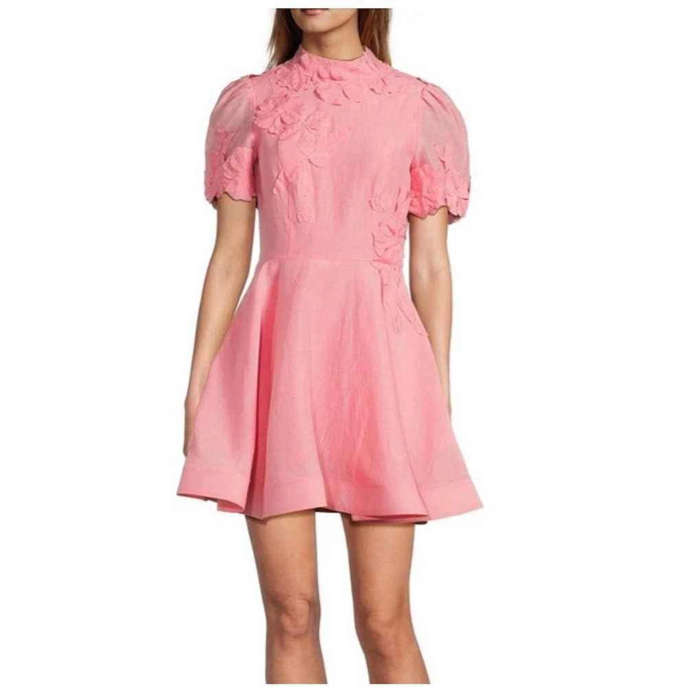 Antonio Melani Iris Pink 3D Floral Applique Linen Blend Mini Dress Size 10